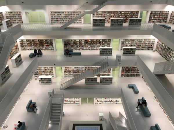 modern library with white staircases