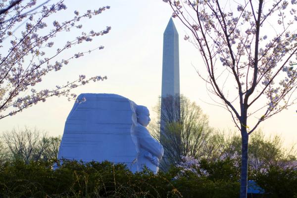 MLK memorial in foreground, Washington Monument in background.