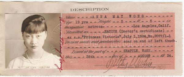 Anna May Wong Certificate of Identity, August 28, 1924