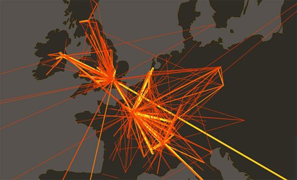 Map of interconnecting lines, which map connections between writers