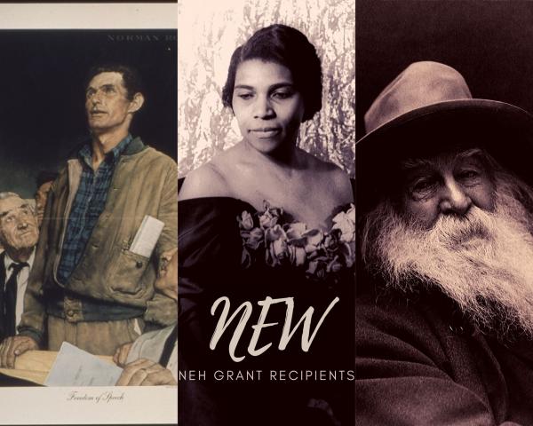 NEH grants announcement- images of Four Freedoms, Marian Anderson, Walt Whitman