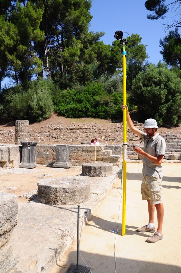 Philip Sapirstein recording measurements at the temple of Hera at Olympia for his model.
