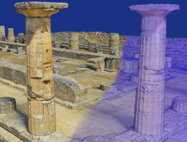 Image of Philip Sapirstein’s model of the temple of Hera at Olympia, revealing the mesh detail