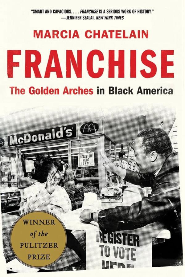 Book cover for Franchise with woman registering to vote at a McDonald's