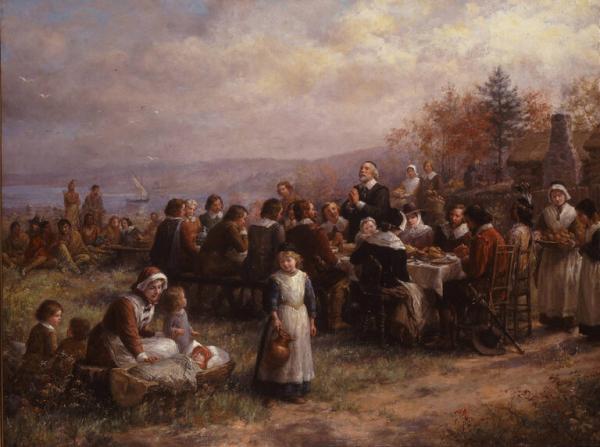 An idealized rendering of the first Thanksgiving in Plymouth, Massachusetts.