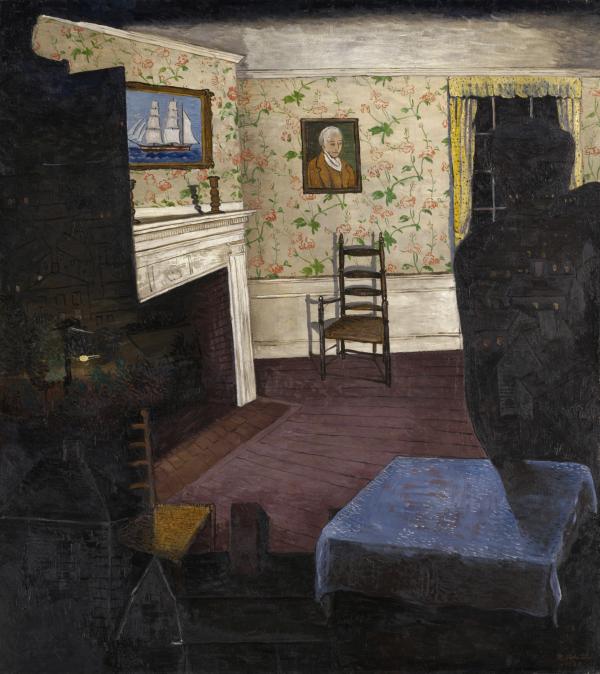 a parlor with fireplace and portrait with shadow of a ghost on the right side.