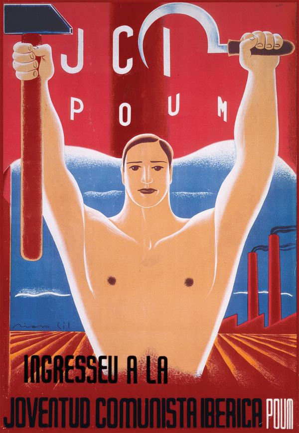 Political poster for the POUM showing a man holding up a hammer and a sickle