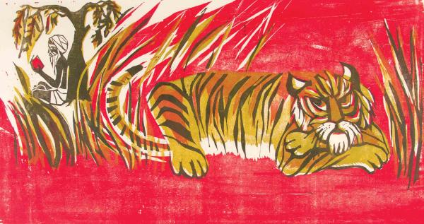 Illustration of a tiger against a bright red background