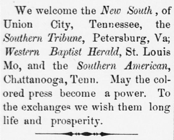 The Bee [Washington, D.C.], January 26, 1884, shared news of recently-launched African American newspapers, including two from Tennessee.
