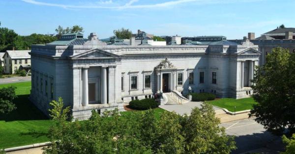 Exterior photograph of the New Hampshire Historical Society’s headquarters, as seen from a neighboring building after the skylight insulation project.