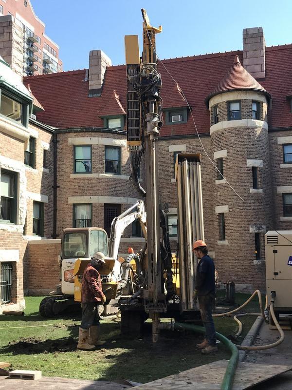 In 2020, Glessner House received a Sustaining Cultural Heritage Collections award to expand its geothermal heating and cooling system to ensure reliable temperature and humidity control onsite. One activity involved drilling wells in small outdoor spaces. 