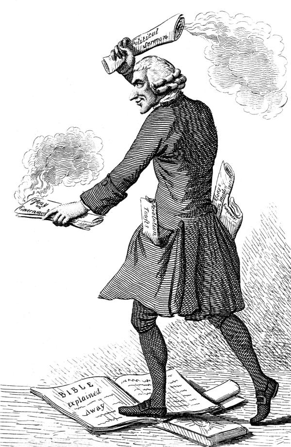 Political cartoon of Joseph Priestley burning pamphlets