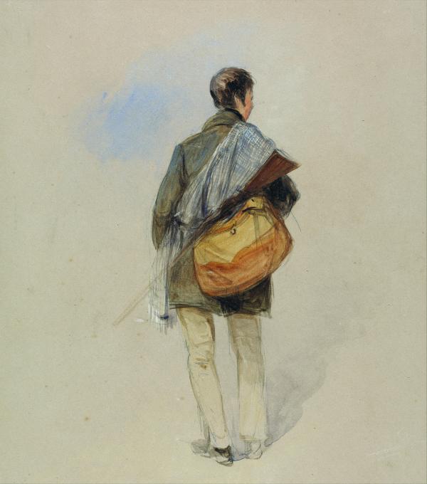 Drawing of a man carrying a satchel and gun slung over his shoulder.