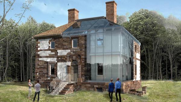 Artist rendering of the Menokin Glass House Project. It shows the original building along with glass walls to enclose it.