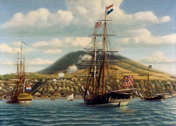 First official salute to the American flag on board an American warship in a foreign port, 16 November 1776. Painting by Phillips Melville, depicting Continental Brig Andrew Doria receiving a salute from the Dutch fort at St. Eustatius, West Indies, 16 November 1776.