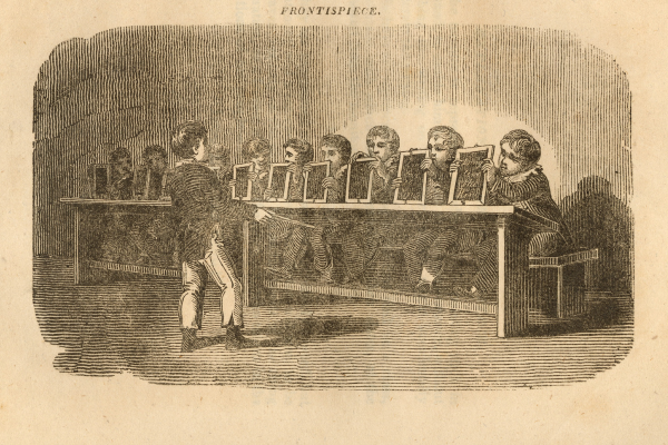 Vintage drawing of young school children