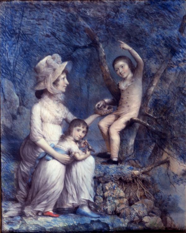 Painting of Sarah Jay and her two children. One is held by Sarah with one arm, and the other is sitting in a tree touching a bird's nest that Sarah is holding in her opposing arm.