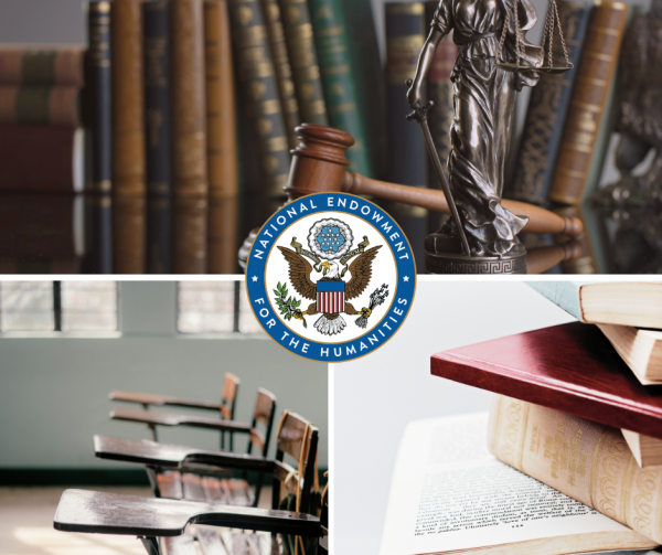 images of books, school chairs, NEH logo 