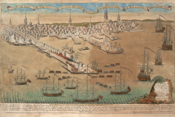 Painting depicting the British fleet arriving in Boston Harbor in 1768.