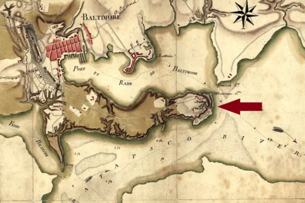 Map of Fort McHenry circa 1792. Arrow indicates the location of Whetstone Point at the mouth of Baltimore Harbor.