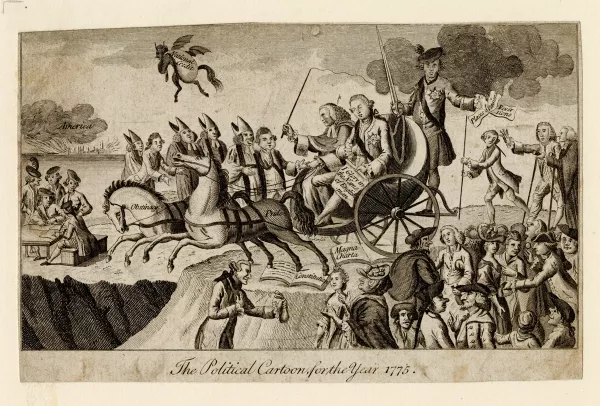 Political cartoon showing a rift between British Loyalists and American Colonists from 1775.