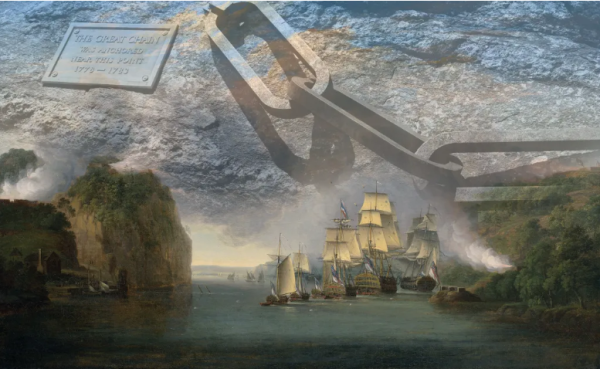 Depiction of naval ships sailing along the Hudson River and the Great Chain used to deflect their advances.
