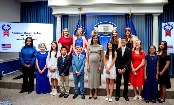 photo of Second Lady Vance and American Heroes Student Art Contest winners