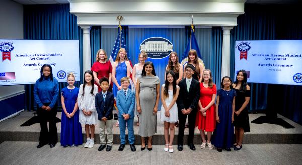 photo of Second Lady Vance and American Heroes Student Art Contest winners