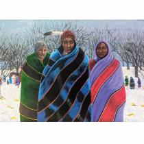 3 Native Americans wrapped in blankets standing in front of procession of travelers walking the Trail of Tears.