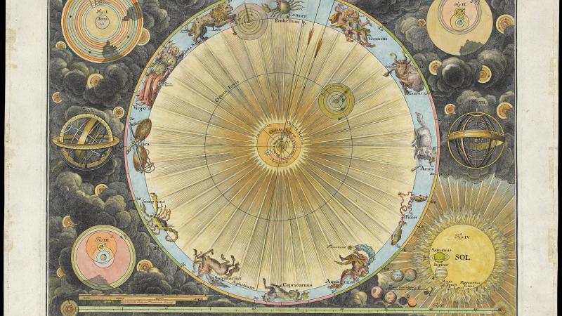 A round compass-like drawing which depicts the many directions of the winds, each one personified by its own character.