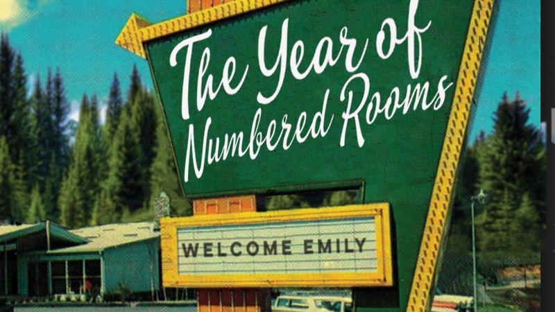 A green motel sign with the phrase, "The Year of the Numbered Rooms" written on it.