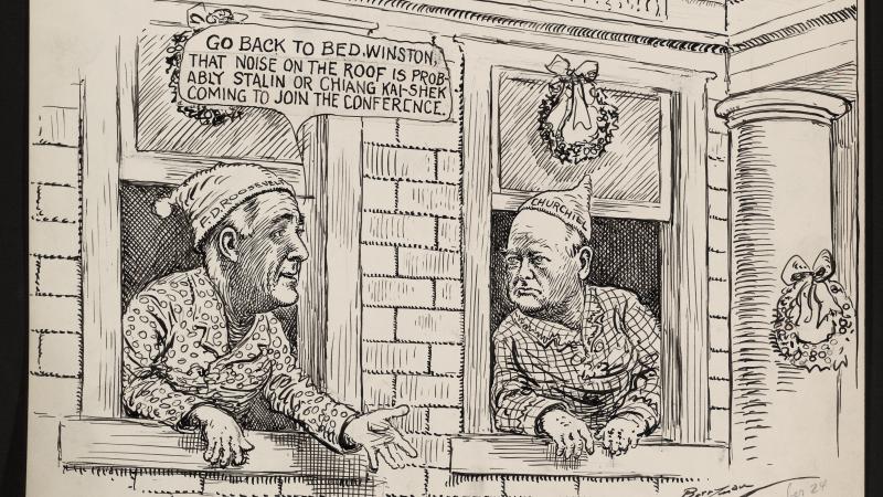 Political cartoon of FDR and Churchill, showing the two men having a conversation in their pajamas about World War two