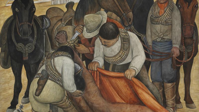 Liberation of the Peon, Diego Rivera, depicting three men picking up a naked figure off the ground, loading him onto horses