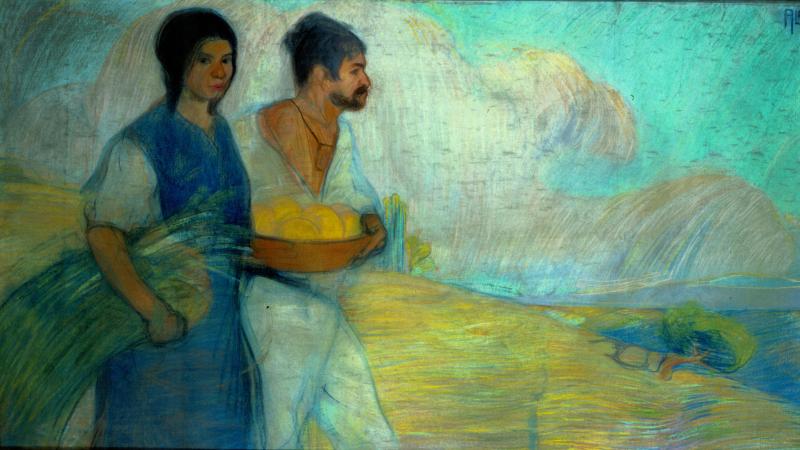 Peasants, c. 1913, by David Alfaro Siqueiros, 1896 – 1974, showing a man and woman, drawn in colol-toned pastels