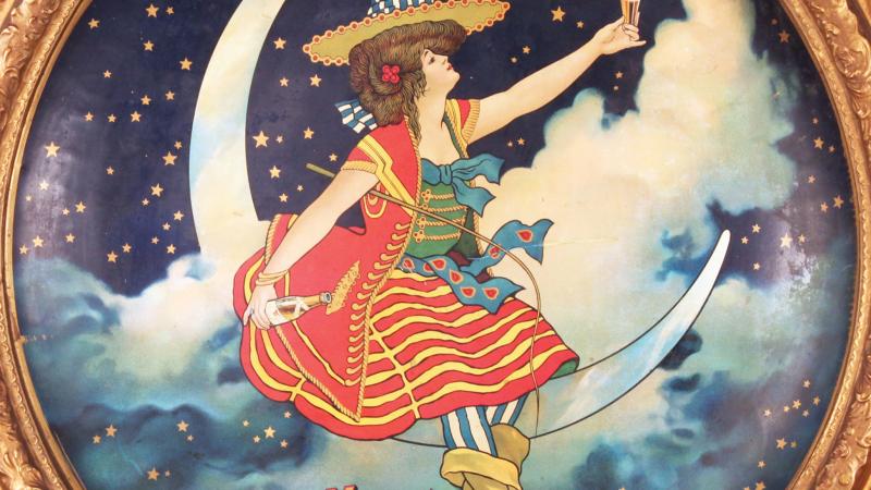1907 Miller High Life lithograph, depicting a girl in a striped dress, sitting on a crescent moon, holding a glass of beer
