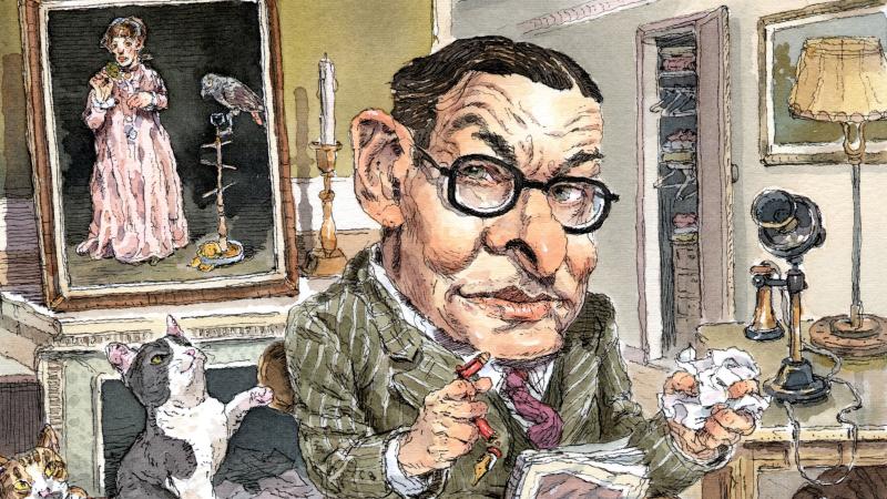 Illustration of T.S. Eliot by John Cuneo; the poet wears a green suit and glasses and is seated in a room with cats and crumpled papers