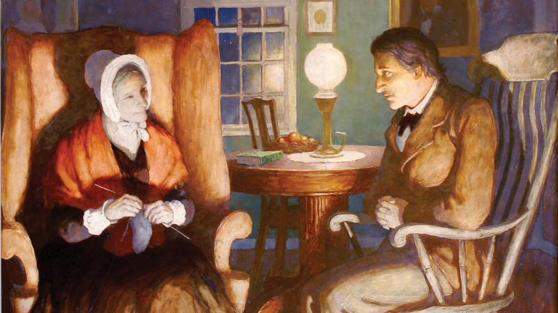 Painting of a woman knitting, sitting across from a man