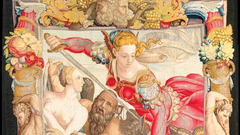 A colorful tapestry depicting a woman as innocence, the virtue, and surrounded by other symbolic figures.
