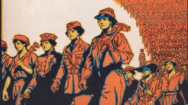 A colorful recruiting poster for World War I with women marching together