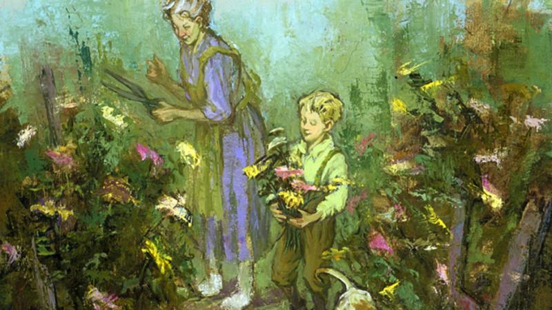 An illustration of Buddy and Sook cutting chrysanthemums in their garden