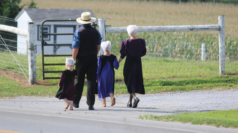 Photo of an Amish family walking down a road