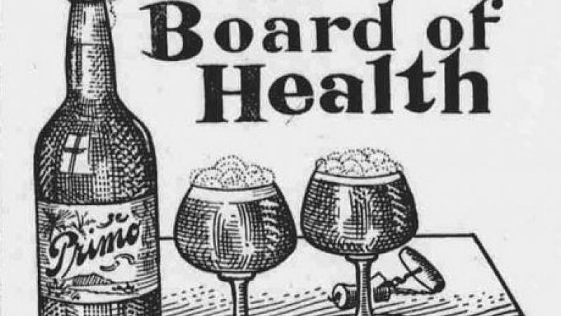 A black and white advertisement for "Primo beer," with two glasses filled to the brim