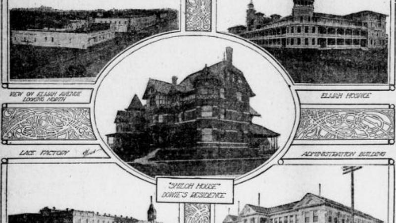 A newspaper page highlighting the main buildings in the city of Zion, Illinois. 