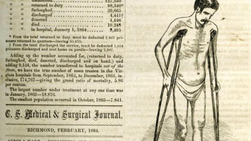 Yellowed page from a medical journal of the Confederate States showing a man on crutches
