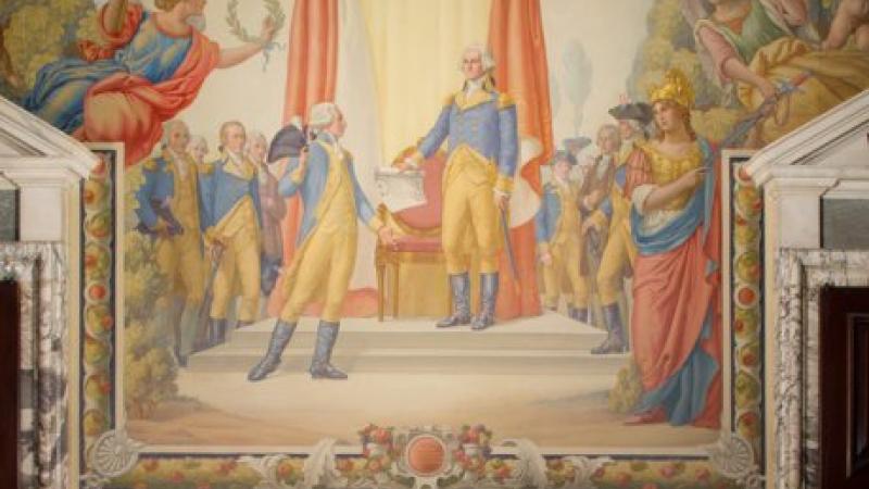 Mural resembling a fresco with George Washington standing in the middle, handing a document to the Marquis de Lafayette.