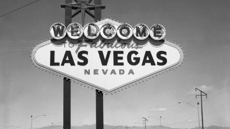 black and white photo of Las Vegas sign