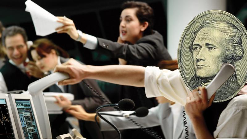 image of stock traders, Alexander Hamilton's head superimposed over one person