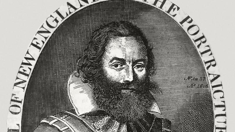 black and white engraving of man with beard in frilled collar