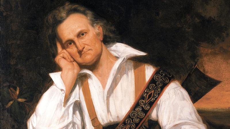 oil painting of man resting head in hand, holding a rifle casually