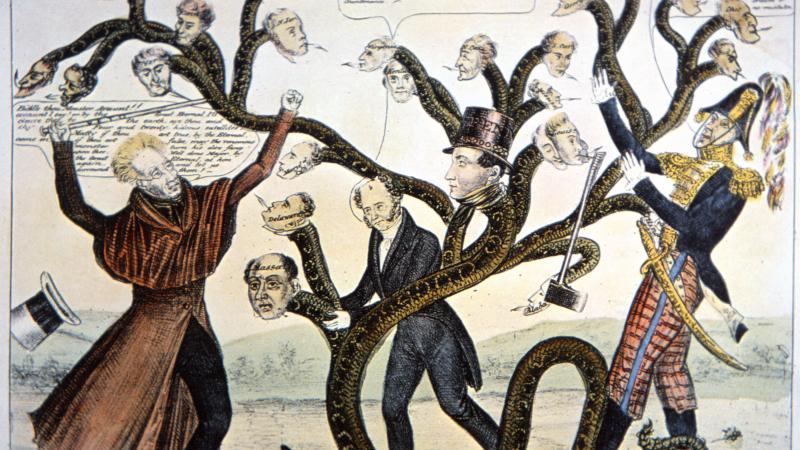 Political cartoon of Andrew Jackson battled a huge snake that has the heads of political opponents attached, while men, one in a black suit and the other in military dress, hold the snake